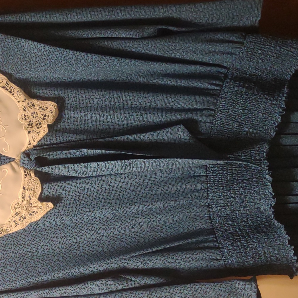 Dim the lites vintage 80s pleated chiffon smocked dress lace crochet bib sz 16 - Picture 3 of 9